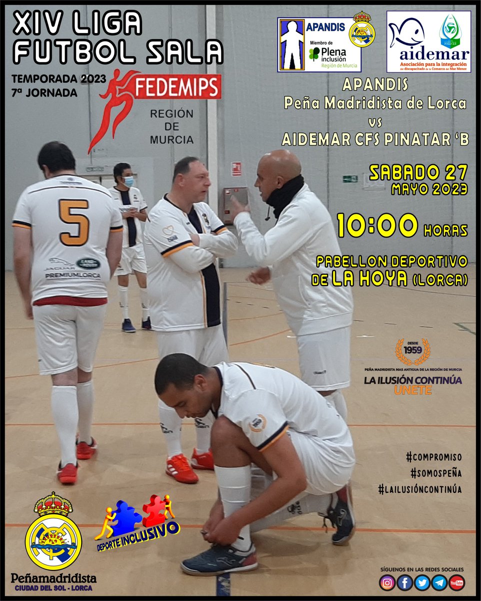 la_plorcacd's tweet photo. ⏰ HORARIO - FÚTBOL SALA
#APANDIS 🤝 𝘿𝙀𝙋𝙊𝙍𝙏𝙀 𝙄𝙉𝘾𝙇𝙐𝙎𝙄𝙑𝙊
📋 TEMP. 2023
🏆 XIV LIGA @FEDEMIPSRM1
ℹ Jornada 7ª - Grp. B
🗓 SÁBADO 27/05/23
⏱ 10:00 h
🏟 Pabellón Dptvo. de LA HOYA
🆚 @Aidemardeportes @CFS_Pinatar
#compromiso
#somospeña
#lailusióncontinúa https://t.co/dV0kpi1gVC