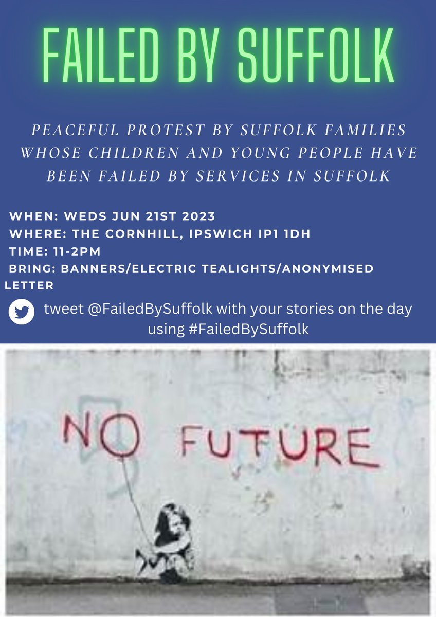 FailedBySuffolk's tweet photo. The next 2 #FailedBySuffolk demos will be on June 21st in #Ipswich and #BuryStEdmunds 11-2 @buryfree @ipswichstar24 @Jochurchill_MP @tomhunt1988 @jackabbott90 @PACTenquiries @send_suffolk @BBCSuffolk @suffolkcc @NSFTtweets https://t.co/up1RUnNHGk