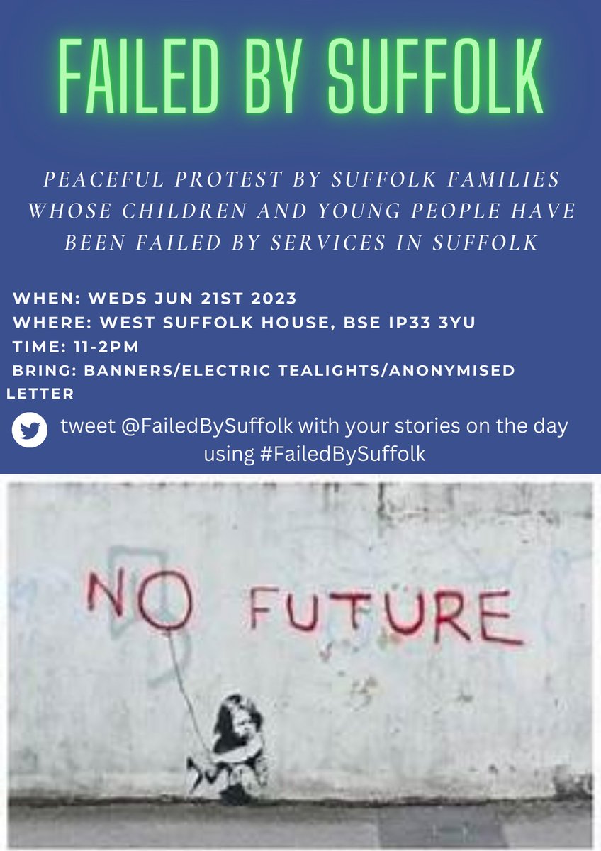 FailedBySuffolk's tweet photo. The next 2 #FailedBySuffolk demos will be on June 21st in #Ipswich and #BuryStEdmunds 11-2 @buryfree @ipswichstar24 @Jochurchill_MP @tomhunt1988 @jackabbott90 @PACTenquiries @send_suffolk @BBCSuffolk @suffolkcc @NSFTtweets https://t.co/up1RUnNHGk