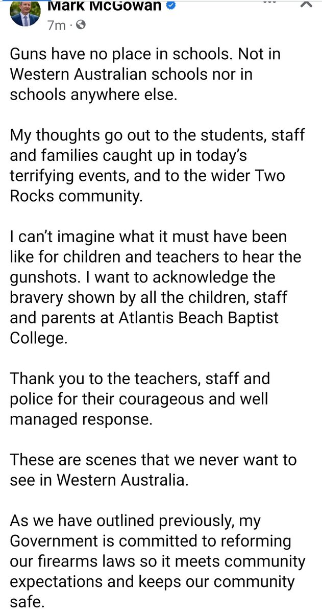 JMRowling's tweet photo. This, from our state Premier. No injuries or deaths (thank goodness) and still a strong message from our leaders. Thank you.
Can't imagine living in a place where gun violence is commonplace and ignored by those who can help lessen it. 
#gunshot #guns #GunSenseNow  #WA https://t.co/pwPebA27wH