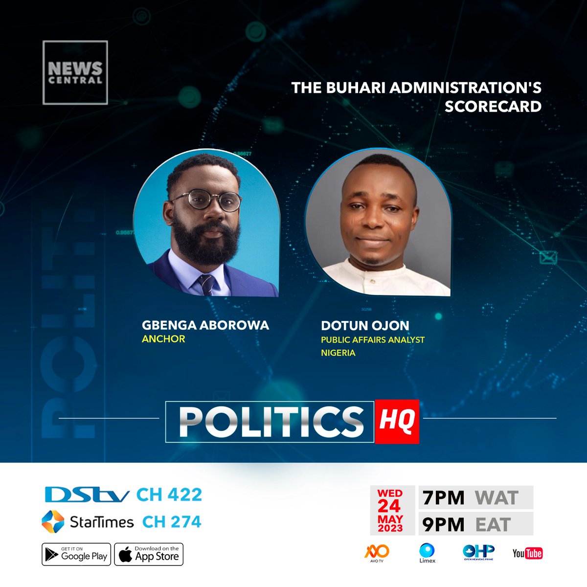 I will be discussing the president <a href="/MBuhari/">Muhammadu Buhari</a> 's administration eight years in office later today on <a href="/NewsCentralTV/">News Central TV</a>.

Join me then.