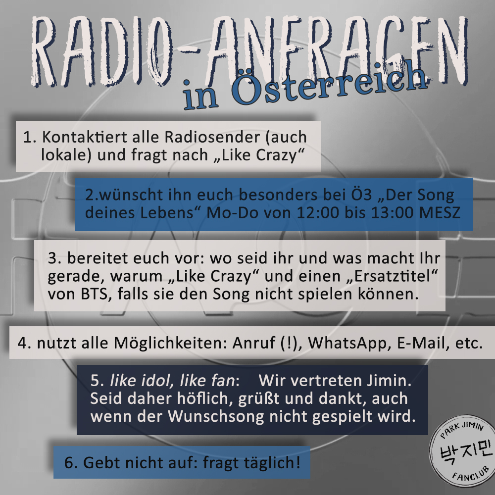 jimin_austria's tweet photo. Um 12:00 Uhr MESZ beginnt auf Ö3 wieder "Der Song deine Lebens".

Wann habt ihr euch zuletzt "Like Crazy" von Jimin gewünscht"? Wenn die Antwort "äh..." ist, dann probiert es doch heute gleich wieder - ruft an unter 0800 600 600 oder sendet Ö3 eine Sprachnachricht.

#JIMIN #지민 https://t.co/CGks8cV4SV
