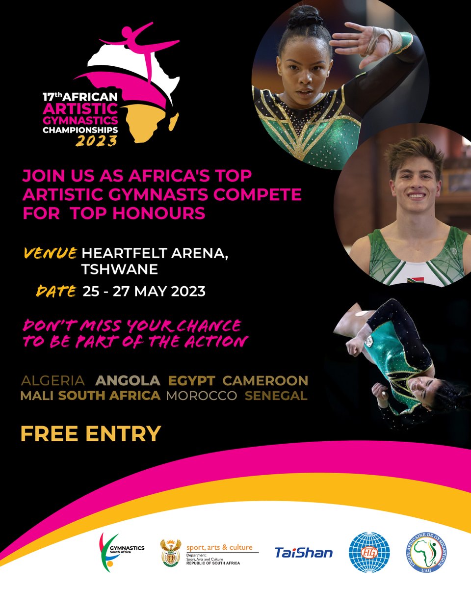 SAGymnastics's tweet photo. UPDATED programme for the 2023 African Artistic Gymnastics Championships hosted in South Africa this year at the Heartvelt Arena in Tshwane! Entry is free so join us to watch Africa's top gymnasts from 8 countries compete! 

More here - https://t.co/DYuutLdAAP

#GymnasticsSA https://t.co/kx3d4vO9YI