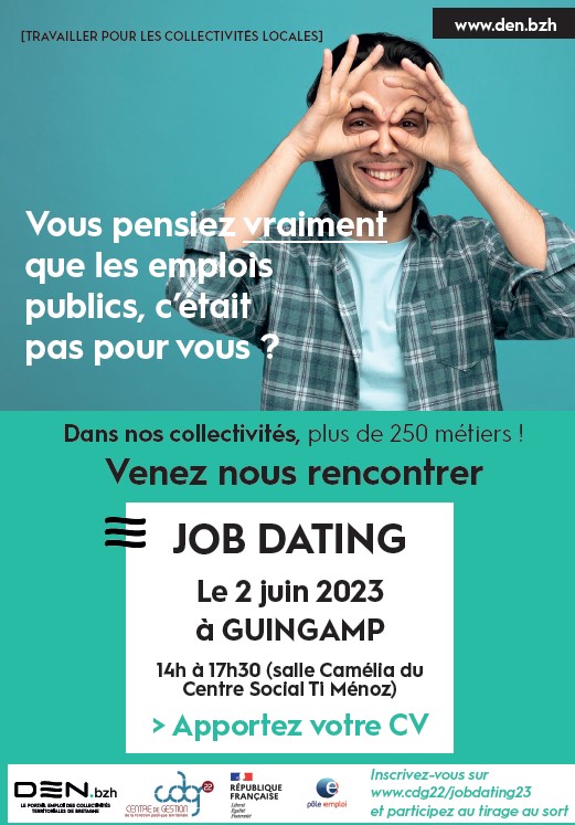 [JOB DATING] 📌 Vous souhaitez découvrir les métiers des collectivités territoriales et y travailler ?
RDV le vendredi 2 juin, salle du centre social Ti Menoz à #Guingamp pour un Job Dating de 14h à 17h30 en présence de <a href="/AggloLTC/">Agglo_LannionTregor</a> + d'infos den.bzh/agendas/job-da…👉