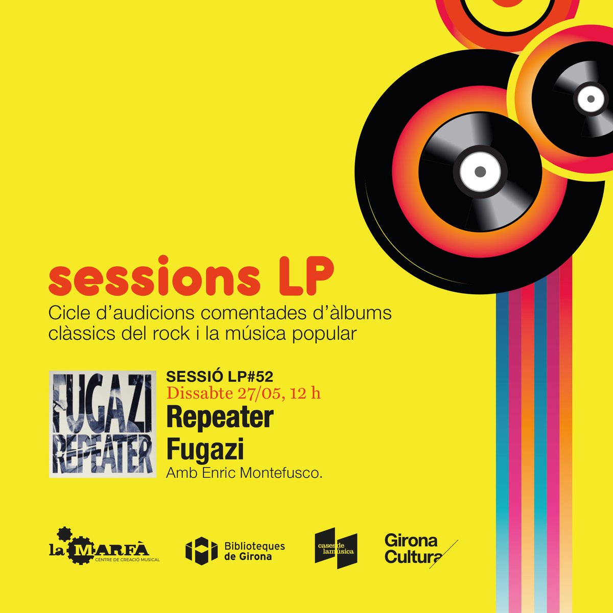 LaMarfamusica's tweet photo. 🎶No et perdis la #SessióLP d’aquest dissabte amb Repeater, de #Fugazi. Amb el compositor, cantant i guitarrista #Enric_Montefusco‼️
Més informació i inscripcions 👉https://t.co/GXhDslct7B
#GironaMúsica #GironaCultura #SessionsLP #Enric_Montefusco #Fugazi https://t.co/vLxAMCJg2D