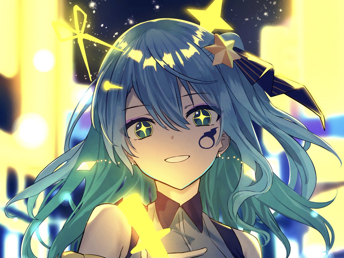 hoshimachi suisei 1girl solo star (symbol) blue hair hair ornament smile blue eyes  illustration images