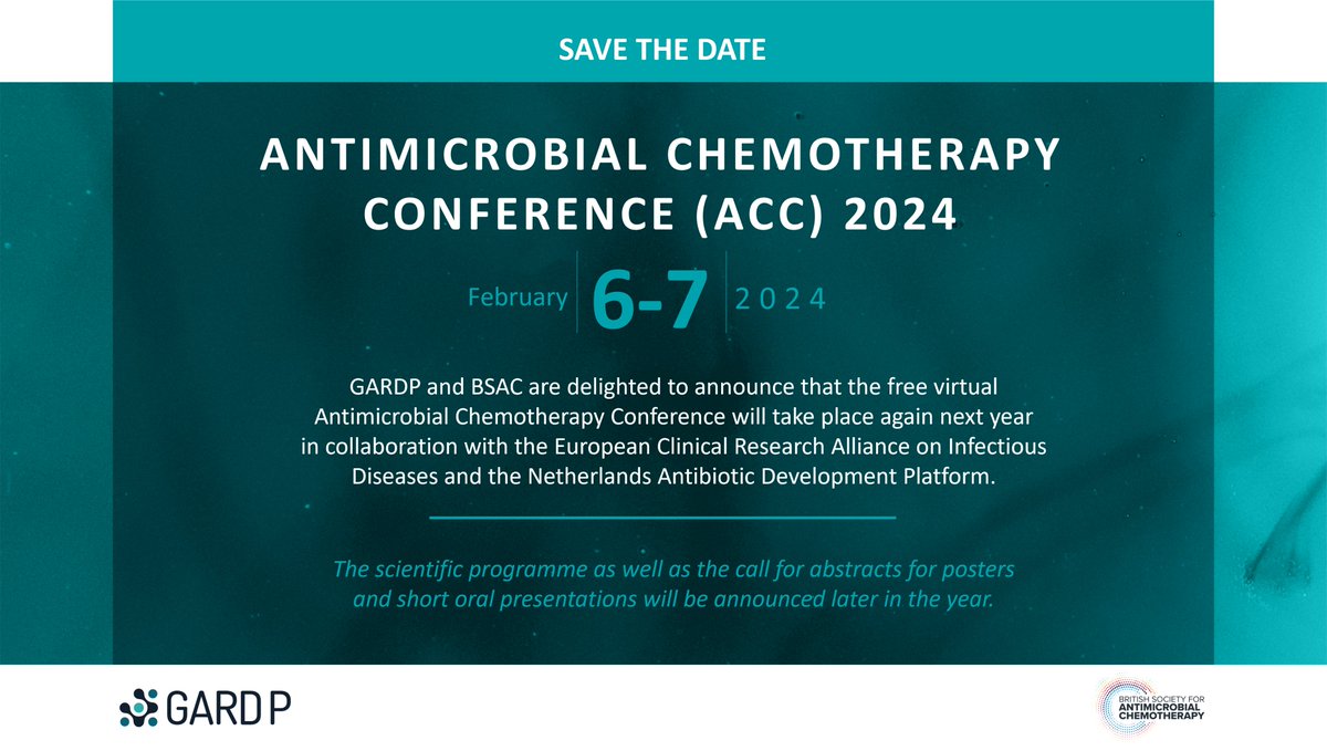 It's a date! 🤩

Join us on 6-7 February 2024 for the next Antimicrobial Chemotherapy Conference.
For this edition, we're happy to collaborate with <a href="/Ecraid/">Ecraid</a> &amp; <a href="/NADP_AMR/">NADP</a>🙌

This free online conference is developed by GARDP and <a href="/BSACandJAC/">BSAC</a>