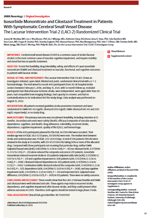 Two inexpensive licensed medications (ISMN and cilostazol) may reduce adverse long-term outcomes of lacunar ischemic stroke, a form of cerebral small vessel disease. 

Definitive trials are needed to confirm these findings.  

#ESOC2023

ja.ma/3qabaI6