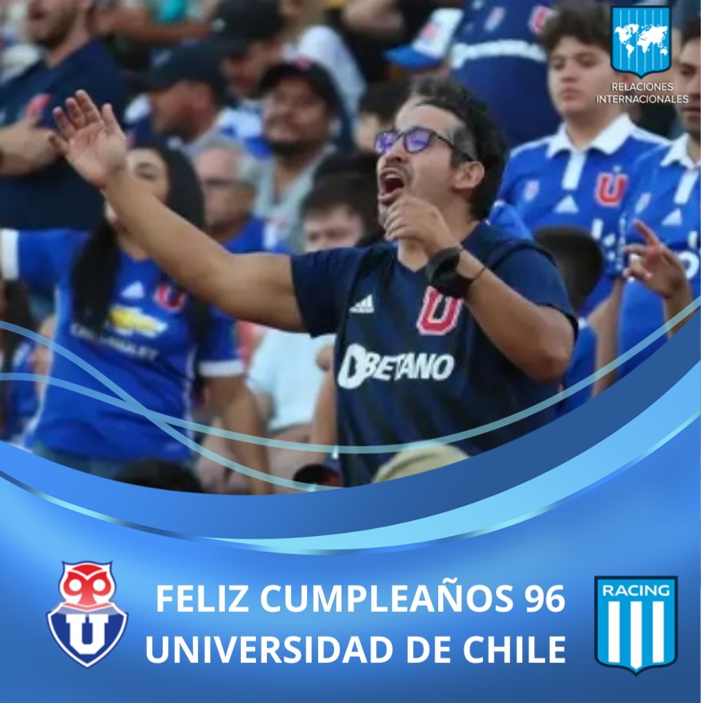 rrii_racingclub's tweet photo. Feliz cumpleaños 96 Universidad de Chile, de parte de Racing Club de Avellaneda.#udechile #Cumpleaños #RacingClub #Chile #futbol #football #soccer #AFA #CONMEBOL #fifa #birthday #Aniversario #aniversary #BuenosAires #AVELLANEDA #ESPN #Trending #tendencia #sports #Deportes #saludo https://t.co/GaKPzCG6JI