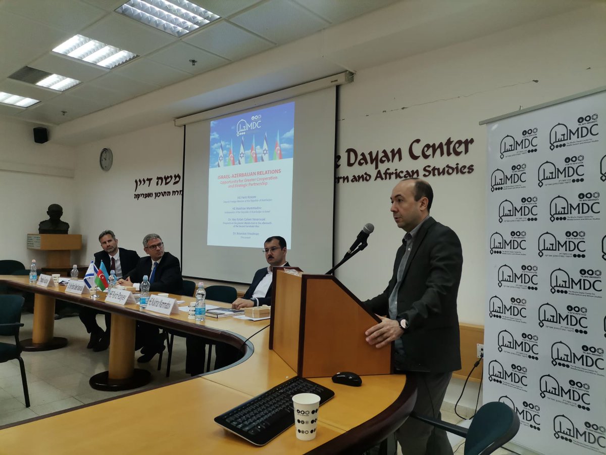 MammadovMukhtar's tweet photo. Thanks to the @DayanCenter of the @TelAvivUni and esp. @hayeytan for hosting the lecture by Deputy Minister of Foreign Affairs of the Republic of #Azerbaijan Mr.Fariz Rzayev for the researchers & students. 

Looking forward to broadening the cooperation of Tel Aviv University & Moshe Dayan Center with their respective counterparts in Azerbaijan