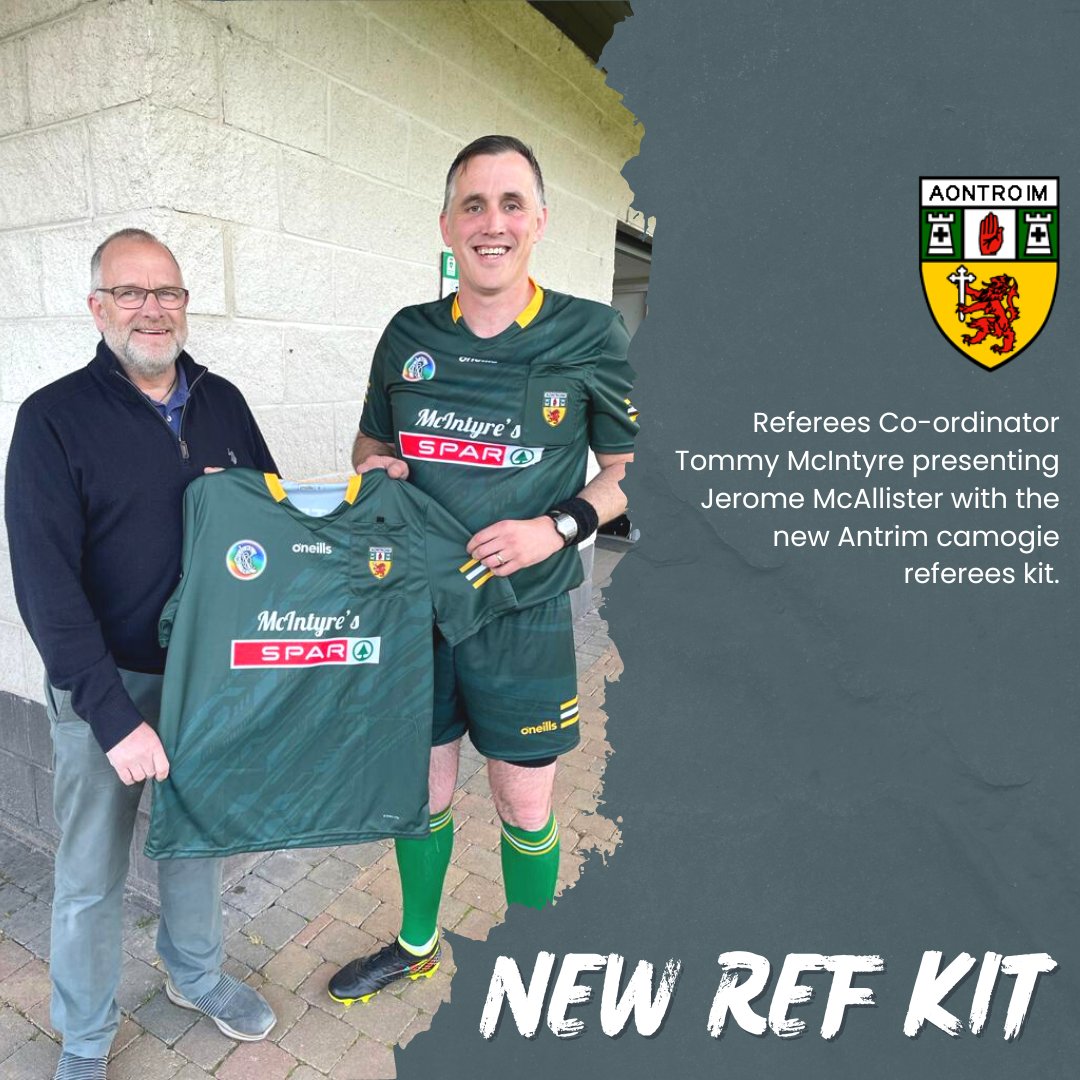 Referees Co-ordinator Tommy McIntyre presenting Jerome McAllister with our new Referees kit.  Thanks to Tommy and McIntyre's Spar Martinstown for their support.

Don't they look great! 💛🤍

<a href="/UlsterCamogie/">Ulster Camogie</a>  <a href="/OfficialCamogie/">The Camogie Association</a>