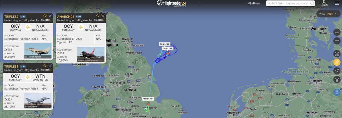 alternativewip's tweet photo. a few #RAF eurofighter typhoons over the uk today this morning, currently over the east coast. #TRIPLE32 #ANARCH01 #TRIPLE31 https://t.co/5DF6IouUWf