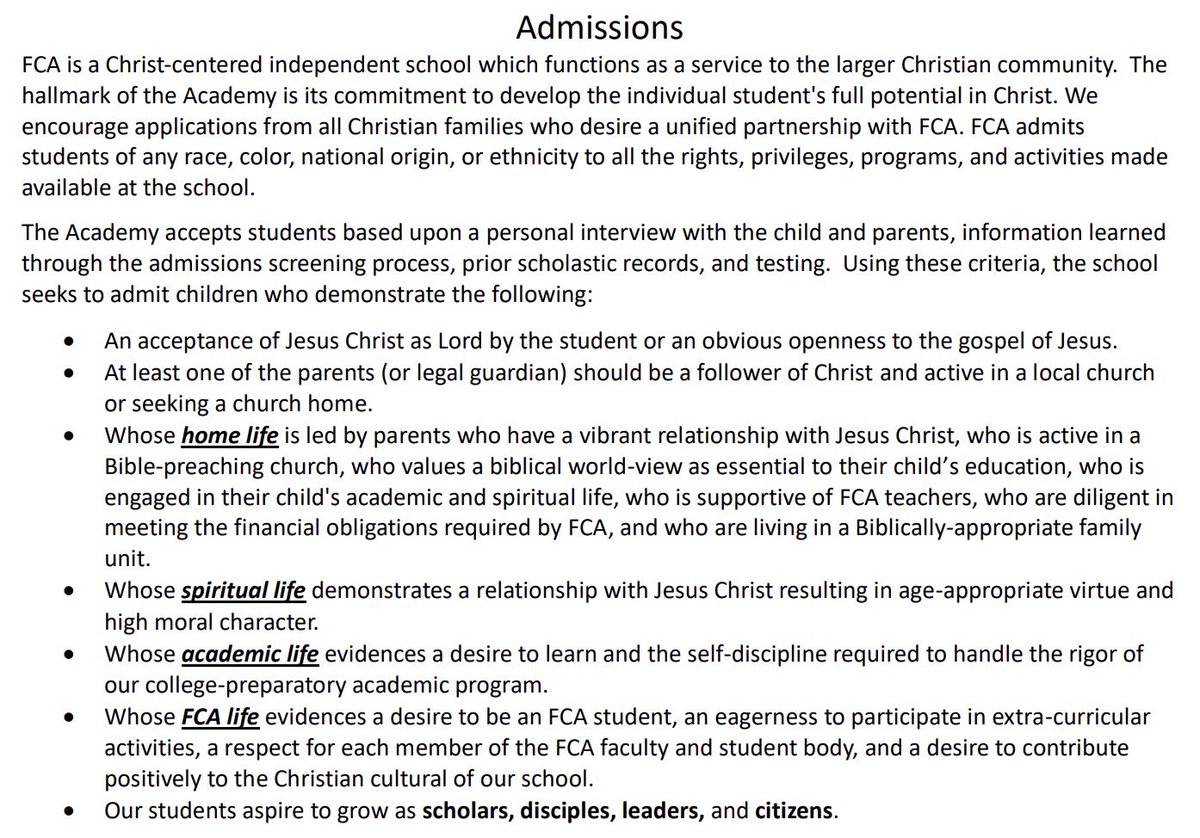 Freedom Christian in Fayetteville got >$1.2 million for vouchers this year.    

They only take students whose parents have a 'vibrant relationship with Jesus Christ' and who demonstrate 'a desire to learn.'  

This institution shouldn't get public dollars. #nced #ncga #ncpol