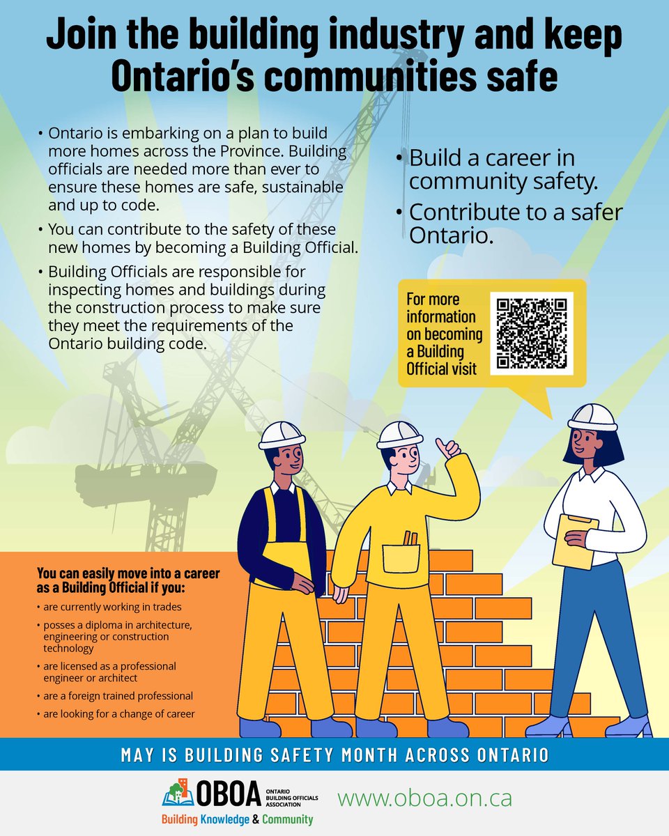 We’re winding down Building Safety Month with a reminder that building officials are in demand across Ontario. Check your municipality’s job listings and consider a career in building safety! #buildingsafety365 #buildingsafetymonth