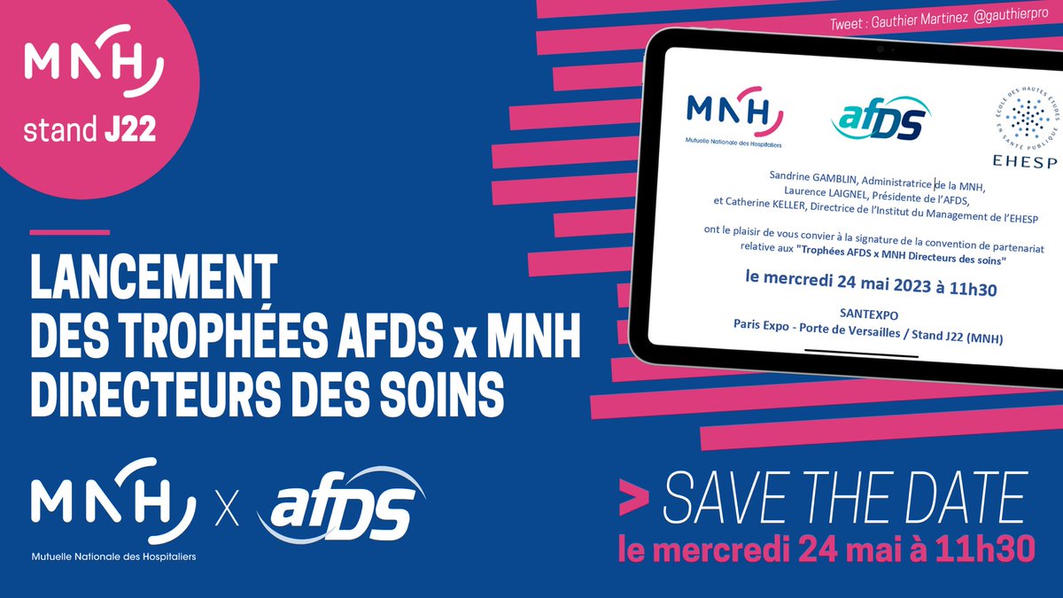 #SANTEXPO | Signature du #partenariat autour des 'Trophées AFDS x MNH Directeurs des soins' entre la @MNHmutuelle, l’@AFDS_Officiel et l’@EHESP en présence de M.Monestier, S. Gamblin, L.Laignel, I.Richard et C.Keller lors de @ParisSANTEXPO.
🗓️ le 24 mai 2023 à 11h30 (stand J22)