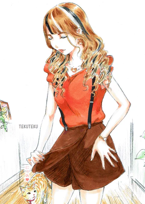 「あ、このキュロット?うん、サスペンダー無しでも履けるけど、付けると元気な感じかなって」 「にゃあ」  #猫好き #illustration #オリジナルイラスト