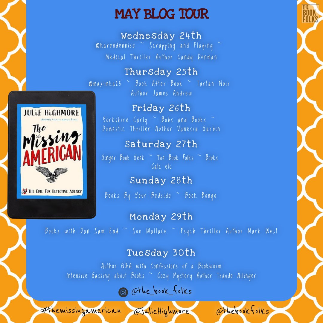 karendennise's tweet photo. It's the first day of the blog tour for #TheMissingAmerican by @JulieHighmore and I'm delighted to be one of the bloggers starting off with the tour with a review of this cozy mystery with a disorganised but gutsy female PI
https://t.co/NOlkCdysOa
Published by @thebookfolks https://t.co/nRe4MeXm9e