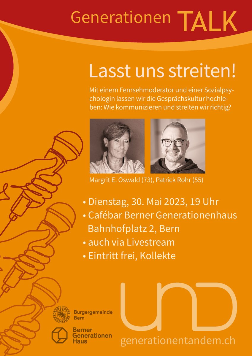 UND Generationentandem (@undtandem) on Twitter photo Heute Abend spontan noch nichts vor? Dann kommt um 19 Uhr im <a href="/GenerationenH/">Berner Generationenhaus</a> vorbei. Da spricht Luc Marolf mit Journalist und Kommunikationsberater <a href="/_patrickrohr/">Patrick Rohr</a> und Sozialpsychologin Margit E. Oswalt über die Kunst, sich zu streiten! 👍🏽😊 Heute Abend spontan noch nichts vor? Dann kommt um 19 Uhr im <a href="/GenerationenH/">Berner Generationenhaus</a> vorbei. Da spricht Luc Marolf mit Journalist und Kommunikationsberater <a href="/_patrickrohr/">Patrick Rohr</a> und Sozialpsychologin Margit E. Oswalt über die Kunst, sich zu streiten! 👍🏽😊