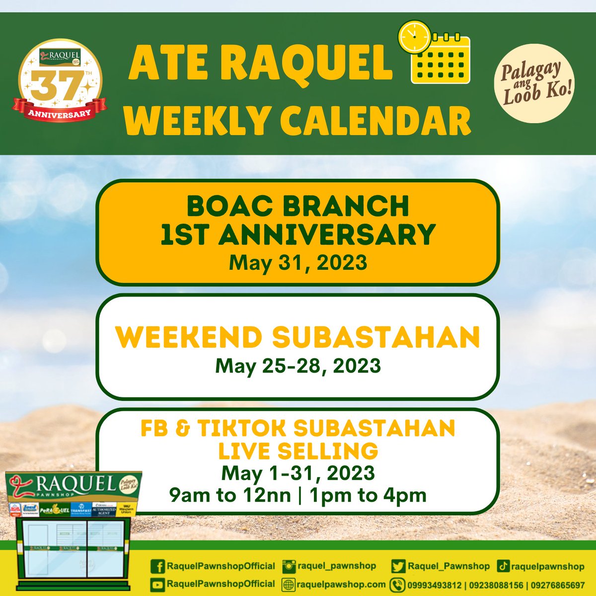 Raquel_Pawnshop's tweet photo. Raquelistas! Check out the upcoming activities at Raquel Pawnshop!
Mark your calendars right away!
#WeeklyCalendar #RaquelPawnshop #RPIServingCommunities #PalagayAngLoobKo #RPI37YearsNa https://t.co/vVVd8iOvfy