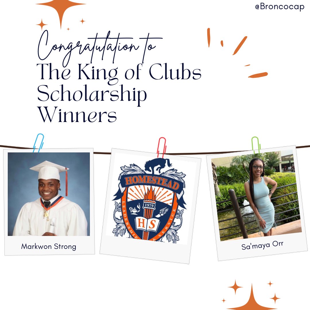 HomesteadSHS's tweet photo. Congratulations to all the Homestead Senior High School seniors who were awarded a $1000 scholarship from King of Clubs! Your hard work and dedication have paid off, and we can't wait to see all the amazing things you will accomplish in the future. Way to go! ๐ #collgebound https://t.co/3szKq8z6vc