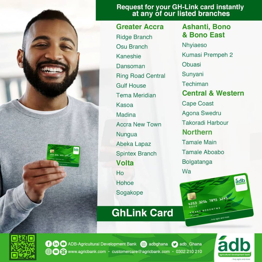 adb_Ghana's tweet image. Get your gh-link card at any of our selected branches instantly . It can be used for all local payments. It’s safe and convenient. 
ADB, …truly agric and more 
#ADBTrulyAgricandMore #instantcards #ghlinkcard
