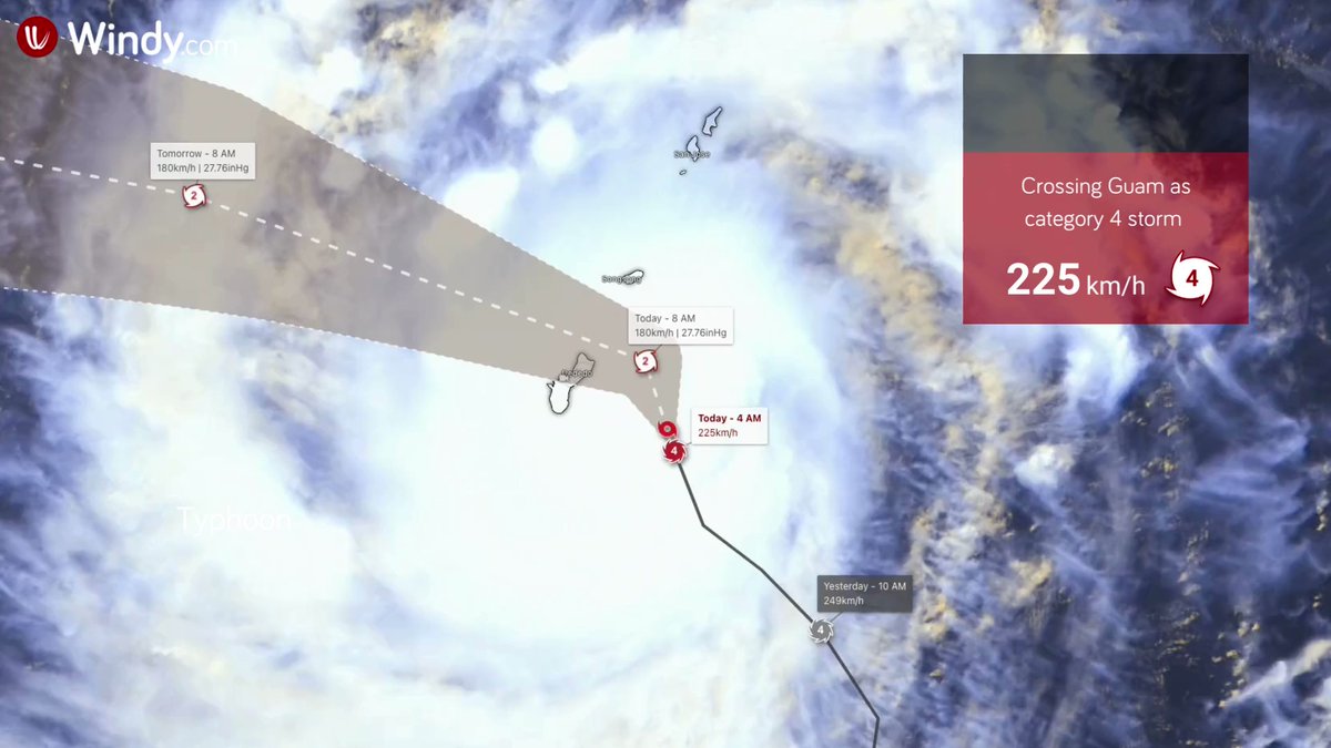 Typhoon #MAWAR strikes #Guam as a powerful category 4 storm, becoming the strongest cyclone in 21 years to hit the island. Winds are currently 225 km per hour. -&gt; bit.ly/typhoon-Mawar 

The satellite view shows the typhoon's eye directly crossing the island.⬇️