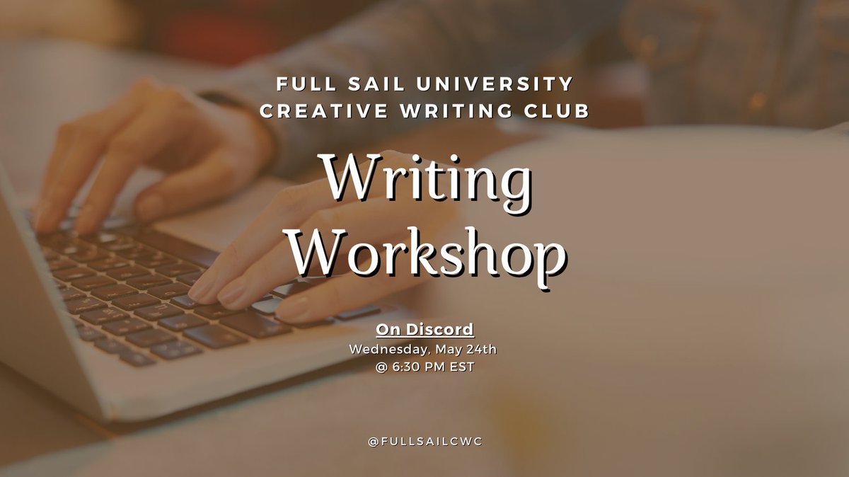 Join us on Wednesday, May 24th at 6:30 pm EST on Discord for our #weeklywritingworkshop! Get feedback on your work to strengthen your project. #writing #fullsailuniversity #fullsailalumni #creativewriting #fullsailcwc #workshop #writingworkshop