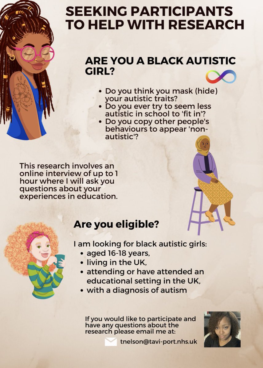 As part of my doctoral studies I am looking for black autistic girls to share their experiences of masking in school. If you are interested please see poster below/DM Please share. This research is of personal importance to me #blackautistics #autisticresearch #ActuallyAutistic