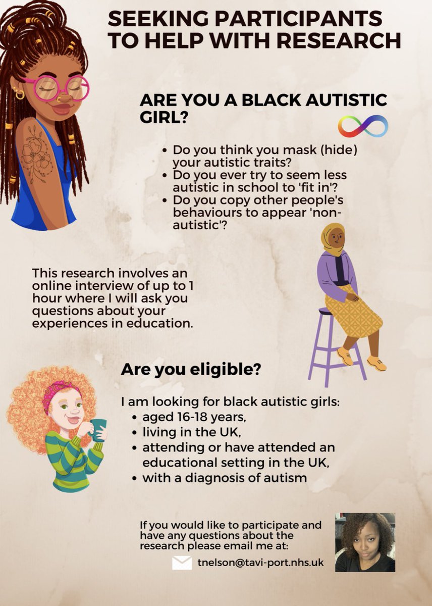 DrTNelsonEP's tweet image. As part of my doctoral studies I am looking for black autistic girls to share their experiences of masking in school. If you are interested please see poster below/DM
Please share. 
This research is of personal importance to me #blackautistics #autisticresearch #ActuallyAutistic