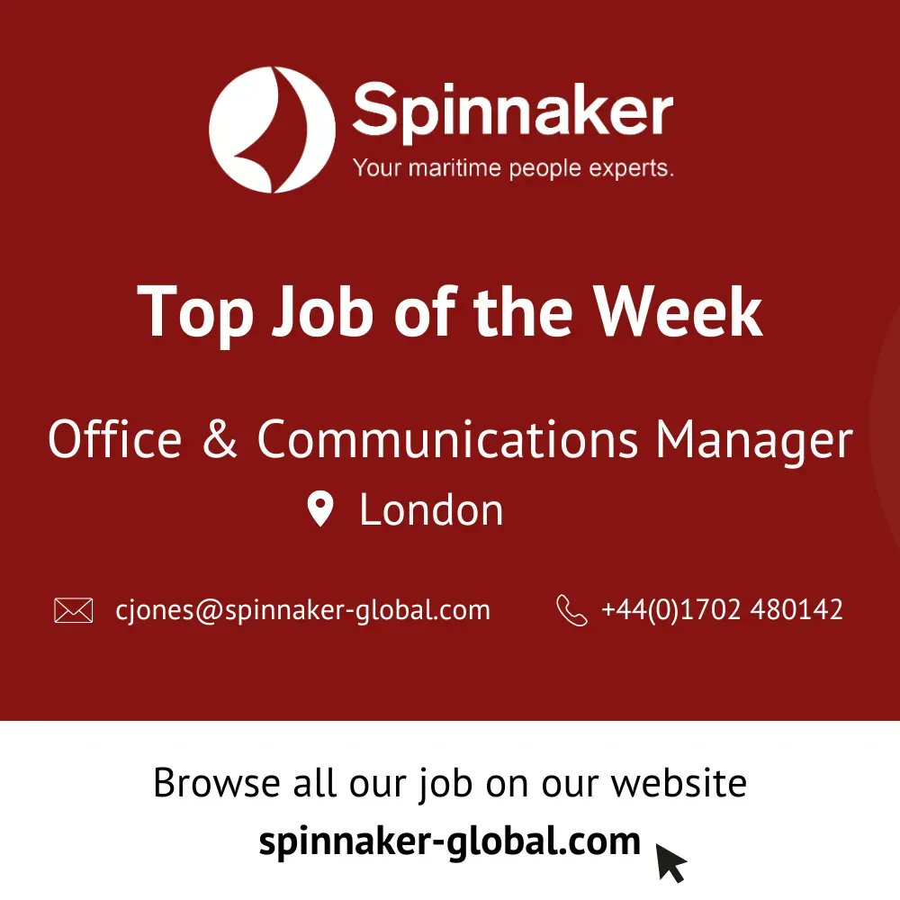 💥 Top Job of the Week 💥
Office & Communicatiations Manager 
📍 London, UK

🚢 Ideal candidate will have Excellent written/spoken English,  Social media and Marketing experience

You can browse all our jobs on our website below
⬇️
buff.ly/3MOlqiF 

#SpinnakerJobs