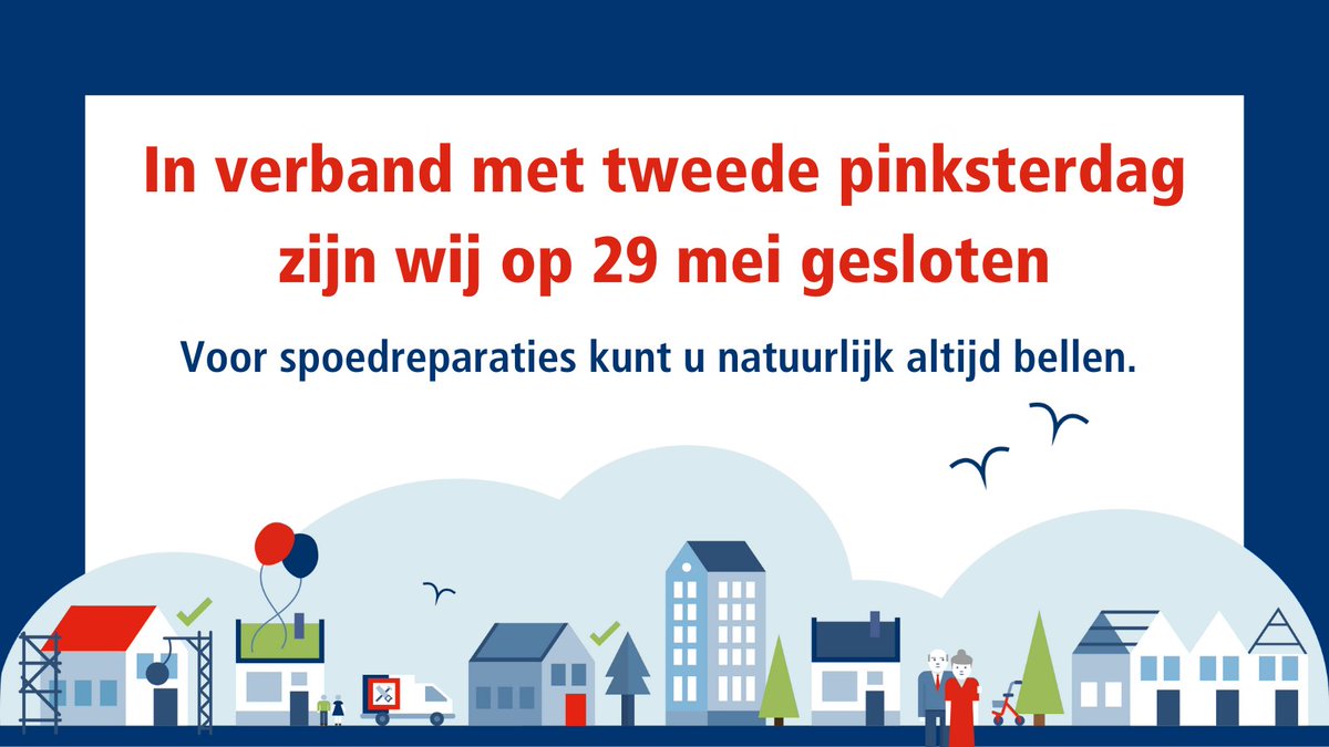 Vanwege tweede pinksterdag zijn wij op maandag 29 mei gesloten. Heeft u een spoedreparatie? Dan kunt u natuurlijk altijd bellen naar 088 - 496 00 00. U krijgt dan onze boodschappendienst aan de telefoon. We wensen u vast een fijn lang weekend!