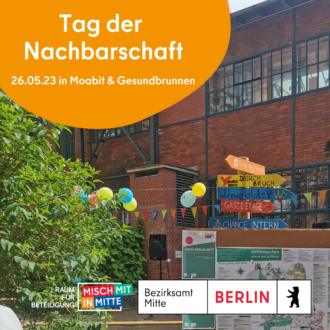 Bezirksamt Mitte (@ba_mitte_berlin) on Twitter photo In #Gesundbrunnen lädt die <a href="/NE_FabrikOsloer/">NachbarschaftsEtage Fabrik Osloer Str. e.V.</a> zum gemütlichen Beisammensein ein. Aber auch in #Moabit warten im Hof des Stadtschlosses vielfältige Angebote & Workshops auf Euch! Der Grund? Das Fest der Nachbarschaft am 26.05.2023 🌼💛Mehr Infos hier ➡️t1p.de/qovpo In #Gesundbrunnen lädt die <a href="/NE_FabrikOsloer/">NachbarschaftsEtage Fabrik Osloer Str. e.V.</a> zum gemütlichen Beisammensein ein. Aber auch in #Moabit warten im Hof des Stadtschlosses vielfältige Angebote & Workshops auf Euch! Der Grund? Das Fest der Nachbarschaft am 26.05.2023 🌼💛Mehr Infos hier ➡️t1p.de/qovpo