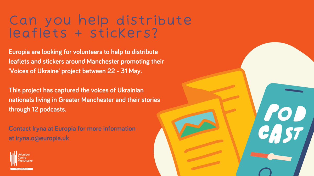 Europia are looking for volunteers to help to distribute leaflets and stickers around Manchester to promote their 'Voices of Ukraine' project. This project has captured the voices of Ukrainian nationals living in GM.

👉 Contact Iryna at iryna.o@europia to get involved!