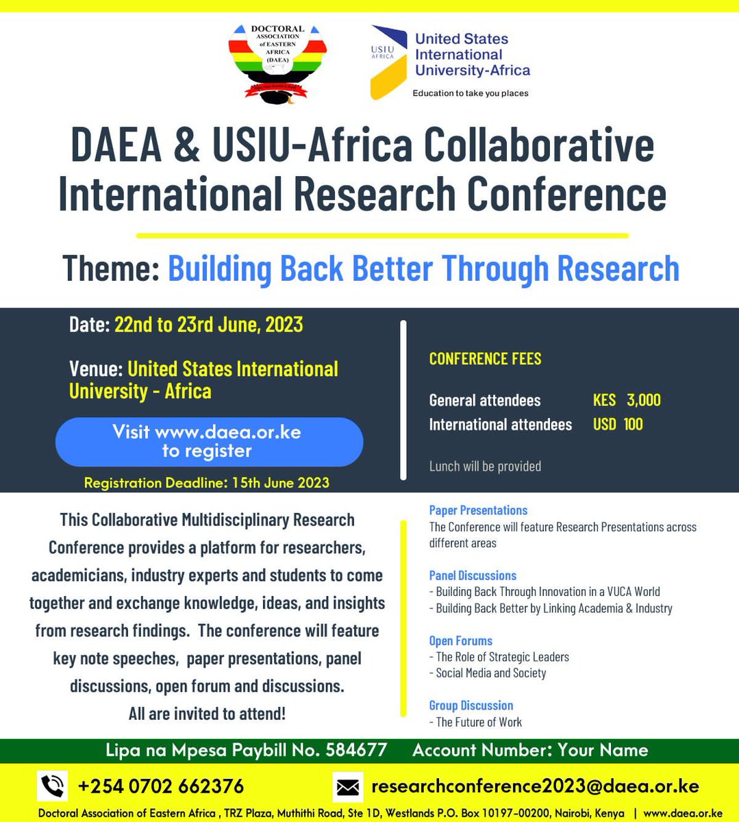 We still have a few slots available for panelists and general attendees (non-presenters)
Sign up today to reserve a seat
*Note that lunch is included in the amount #research #doctoralstudies  #phd #Nairobi #kot