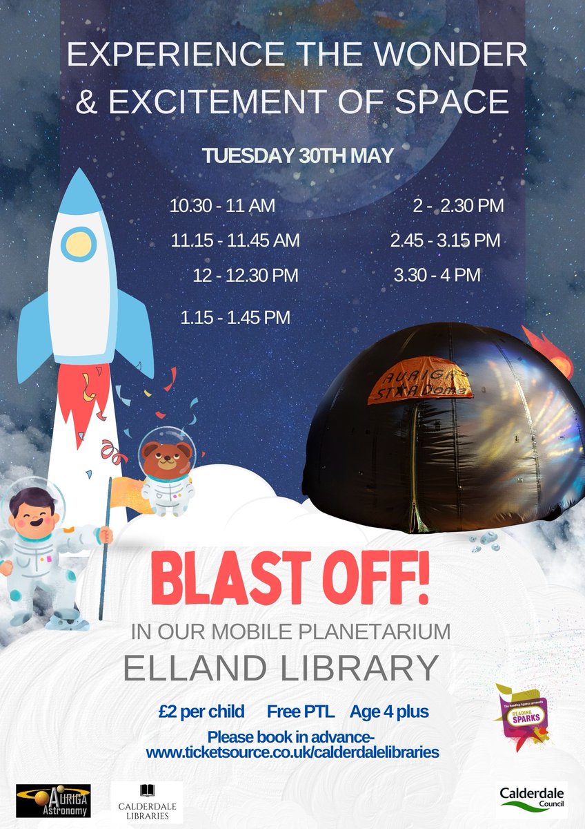 Your journey starts here! Blast into space this week at Elland Library and discover the secrets of the solar system! #ReadingSparks
ticketsource.co.uk/calderdalelibr…