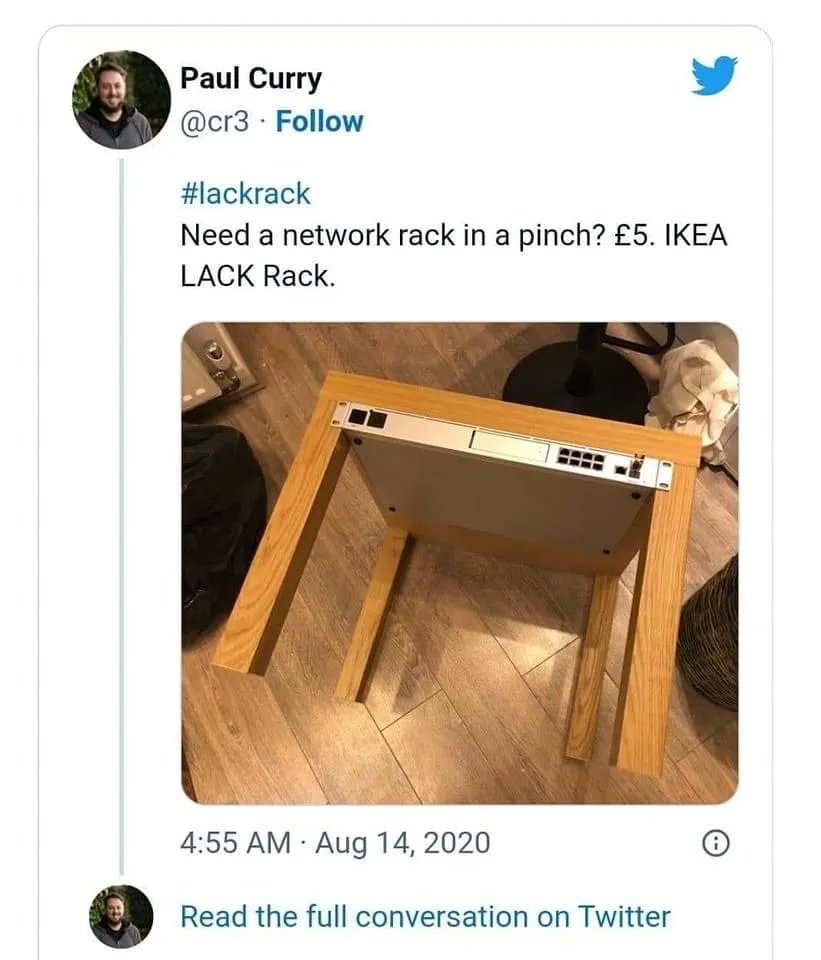 Supply chain issues? Be creative! 😎🤣🤐

#rack #minirack #datacenter #mdf #ikea #switches #networking #servers #storage #firewall #networkswitch #supplychain #demand #leadtimes #ithumor #itcomedy