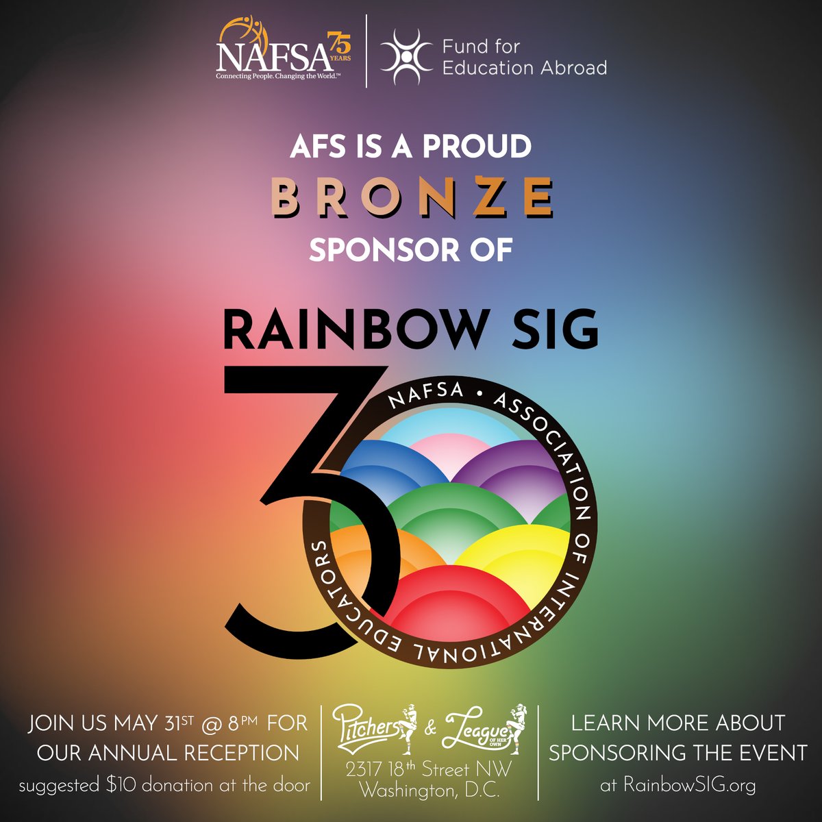 Are you attending the @NAFSA Annual Conference this year? Make sure to join us at the Rainbow SIG annual reception on May 31, and stop by our booth P815 to connect with us!

#AFSeffect #NAFSA75 #NAFSA2023