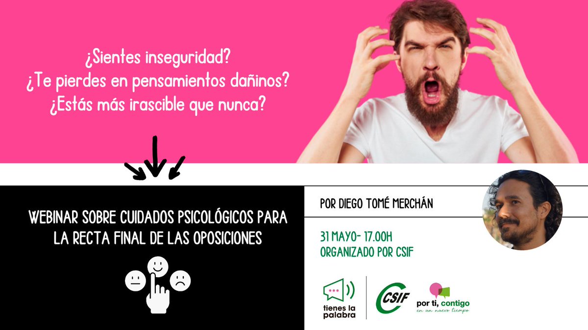 💻 WEBINAR - CUIDADOS PSICOLÓGICOS PARA LA RECTA FINAL DE LAS #OPOSICIONES

🤪😜  ¿Sientes inseguridad? ¿Te pierdes en pensamientos dañinos? ¿Te notas  más irascible que nunca? ¡”Esa es la vida del opositor”, te pueden  decir!, pero en este webinar te daremos algunas claves para