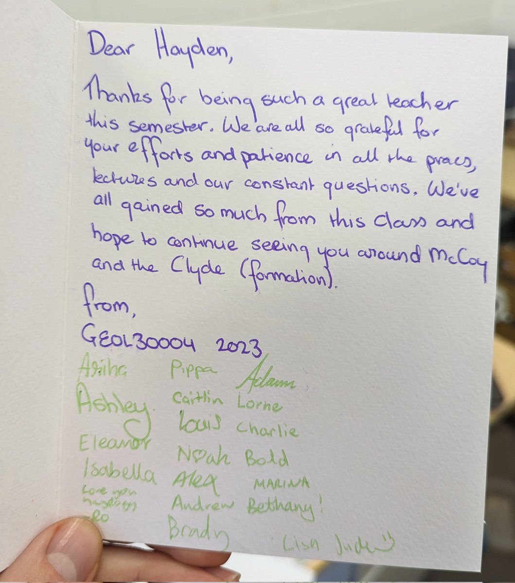 Hayden Dalton (@haydendaltongeo) on Twitter photo Taught my last classes of the semester for our <a href="/SciMelb/">Science at Melbourne</a> 3rd year Geochemistry and Petrogenesis course today 🌋
Was thrilled to get a nice card from this group of amazing students 🥹🥹🥹 Even without gestures like this, teaching is bloody rewarding. Taught my last classes of the semester for our <a href="/SciMelb/">Science at Melbourne</a> 3rd year Geochemistry and Petrogenesis course today 🌋
Was thrilled to get a nice card from this group of amazing students 🥹🥹🥹 Even without gestures like this, teaching is bloody rewarding.