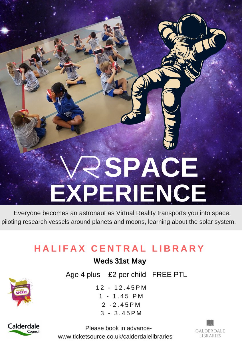 Everyone becomes an astronaut on Wednesday at Central Library, join us for this incredible immersive experience. #ReadingSparks
ticketsource.co.uk/calderdalelibr…