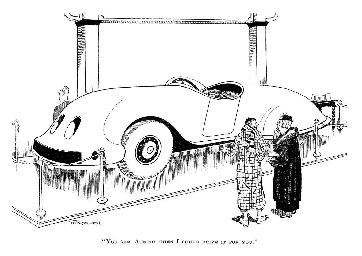 PunchBooks's tweet photo. Today's PUNCH Cartoon Classic. Fast cars, eh? "You see, Auntie, then I could drive it for you." William Ridgewell 1935 #speed #speeding #automobiles #Thirties #vintage #retro #technology #motoring #motorists #motorshows #streamlined #Modernist #Modernism https://t.co/NdTyi86hV6