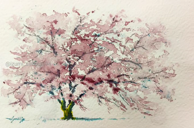 #みなさん2年前の今頃はどんな絵描いてましたか 50号の櫻の加筆に悩みつつ(画像は完成版)、小サイズで新しい紙や絵具を試していました。 「風韻」「日暮れ」「樹の習作」「櫻の習作」 #透明水彩