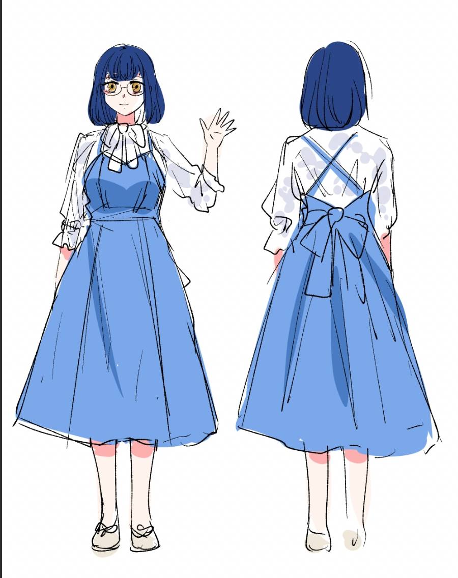 1girl glasses blue dress multiple views blue hair smile dress  illustration images