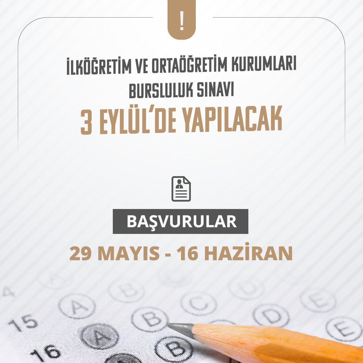 3 Eylül'de yapılacak ve 100 bin çocuğumuzun faydalanacağı İlköğretim ve Ortaöğretim Kurumları Bursluluk Sınavı'nda öğrencilerimiz, LGS'de olduğu gibi kapsamı bakımından sadece birinci dönem konularından sorumlu olacak.

Geleceğin kapılarını eğitimle aralıyor, devletimizin her