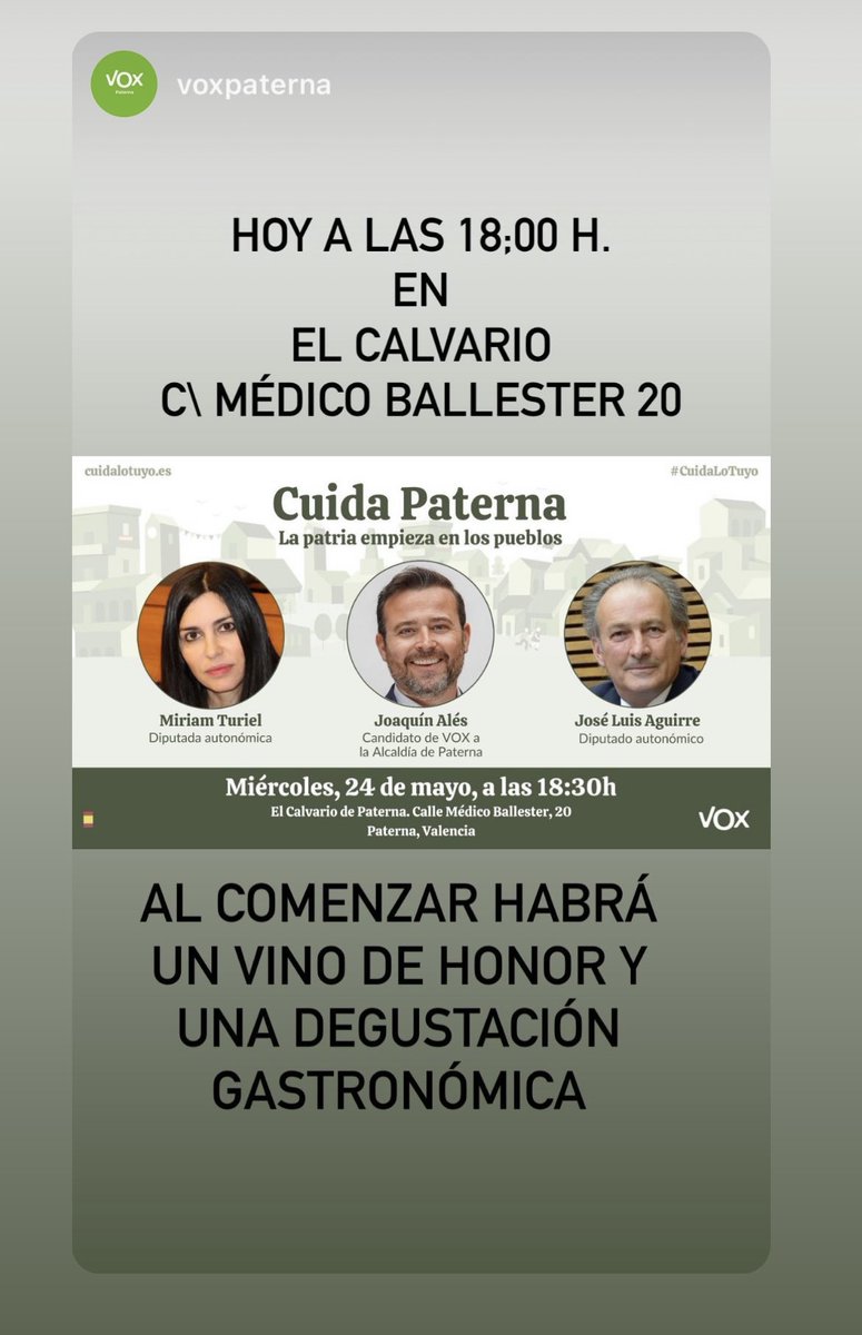 PaternaVox's tweet photo. Esta tarde a las 18:00 horas en el Calvario
📍Médico Ballester 20.
No te puedes perder el Gran Acto #cuidapaterna #CuidaLoTuyo.
Intervendrán @MiriamTuriel Jose Luis Aguirre y nuestro candidato por Paterna @ales_joaquin.
@VOX_Valencia @Paqui_0C0G @AliasZente @fernansanfelix https://t.co/M83wFbcmFe