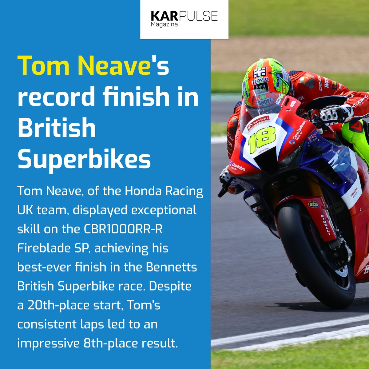 Tom Neave gets his best-ever finish in British Superbikes
#karpulsemagazine #tomneave #britishsuperbikes #superbike #superbikes #automotive #automotivemagazine #generalmagazine #magazine #record #racerecord #recordfinishing #honda #hondamotorcycles #honda #hondaracing #racing