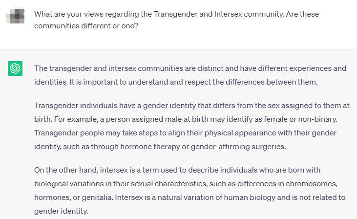 SyedAttaullah96's tweet image. Fortunately, #ChatGPT is not a hypocrite like you. At least it knows the truth and speaks the truth. Will you dare to speak it? 🙃
#TransgenderAct