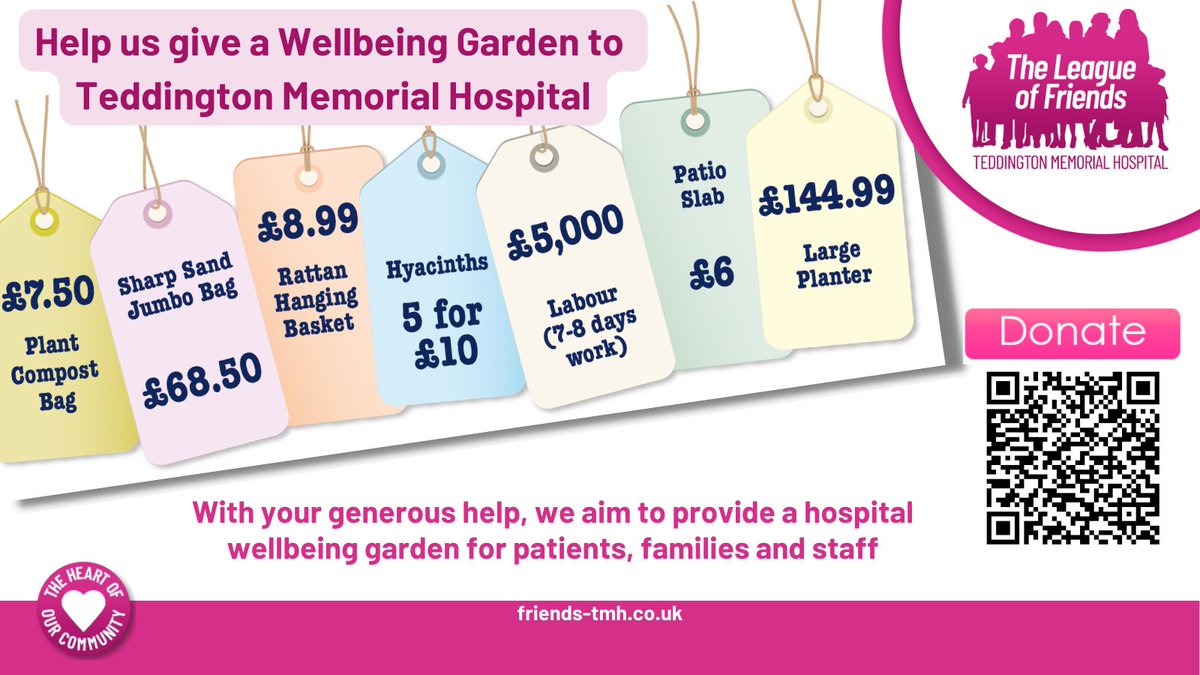The hospital garden🌻is in need of a revamp. We're asking our community to help provide a well-being garden for patients, staff and relatives. GOAL: £20,000 Can you help? Donate NOW: friends-tmh.co.uk/create-a-wellb…