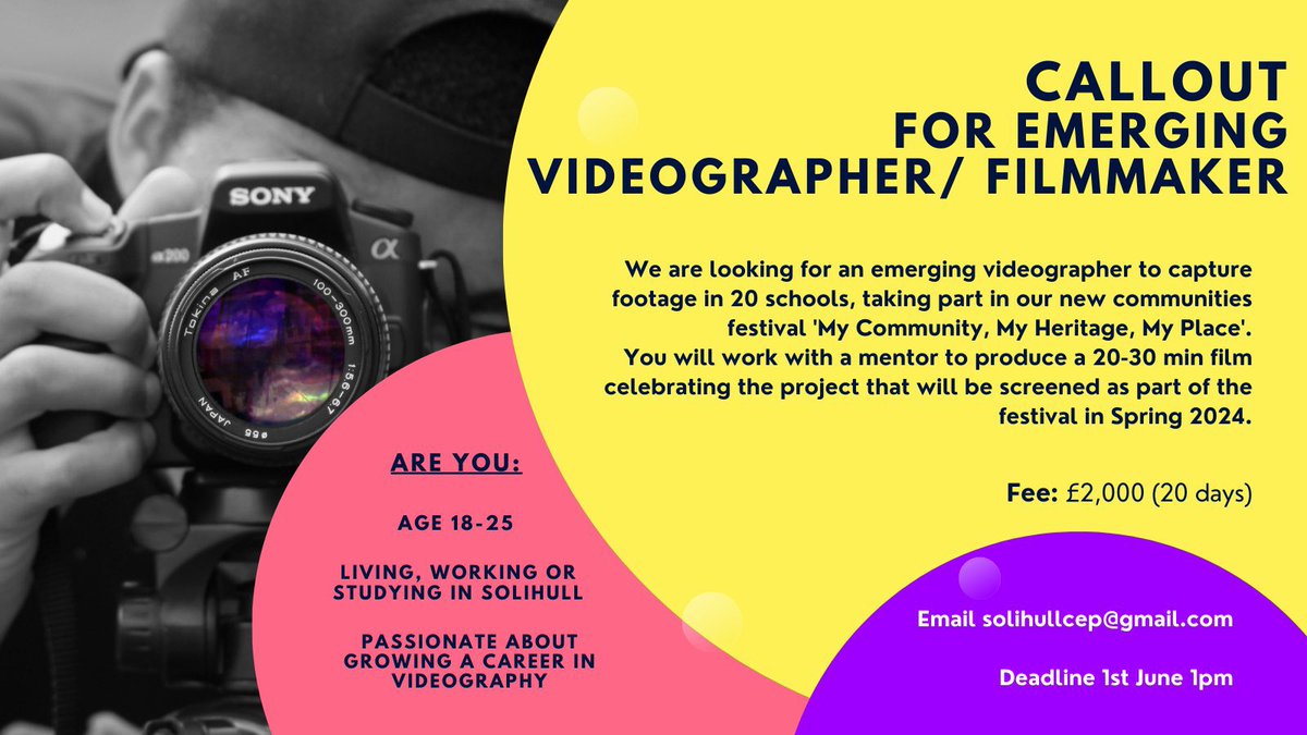 PAID opportunity for an emerging filmmaker in Solihull to work with a mentor to produce a 20-30 min film for <a href="/SolihullCEP_/">Solihull CEP</a>’s new festival ‘My Community, My Heritage, My Place’.

Deadline: 1st June 1pm

Email Solihullcep@gmail.com for the full brief 📣