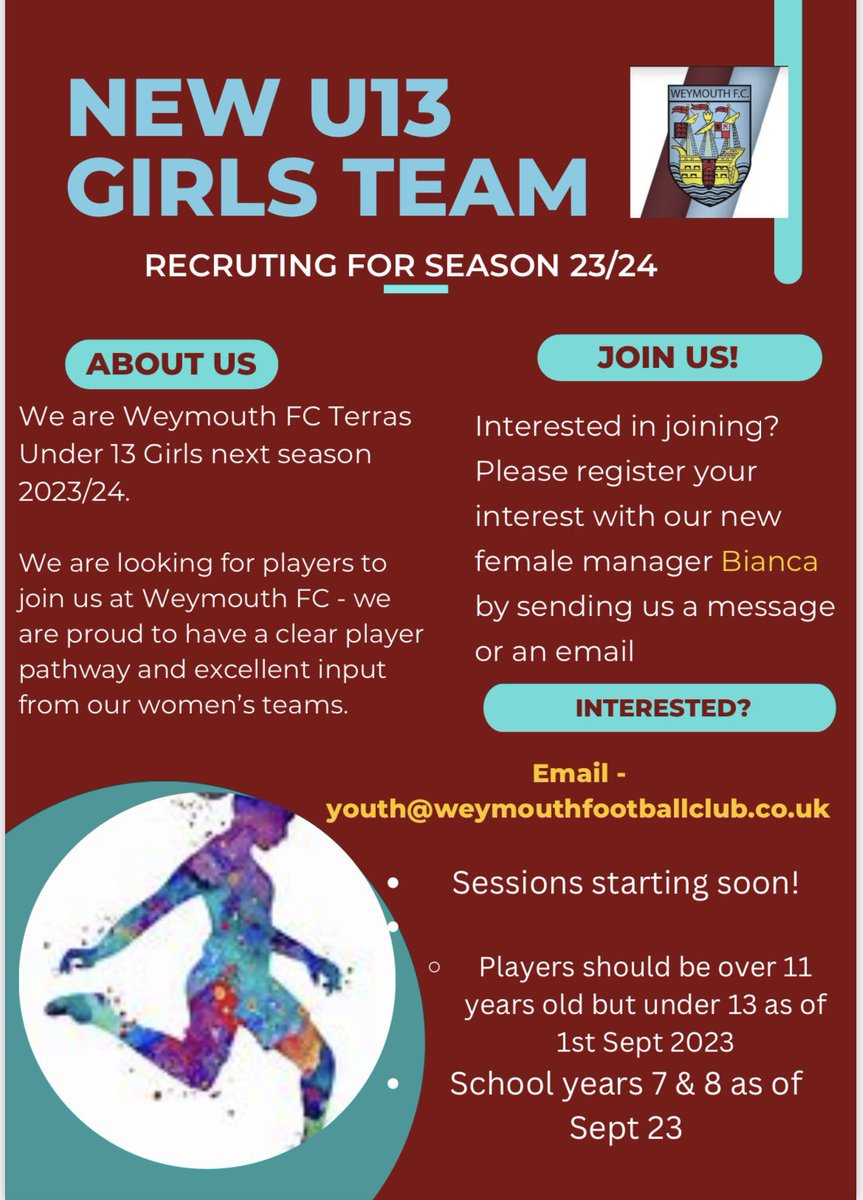 New team. Lots of benefits to being associated with Weymouth FC #girlsfootball #grassrootsfootball #U12 #weymouth #weymouthfc #girlssport